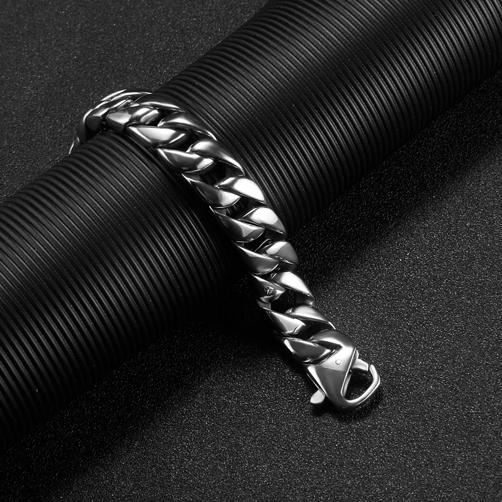 Hip Hop Cuban Bracelets for Men 15mm Wide Miami Chain Bangles Silver Color 316L Stainless Steel Punk Jewelry Unfaded Accessories