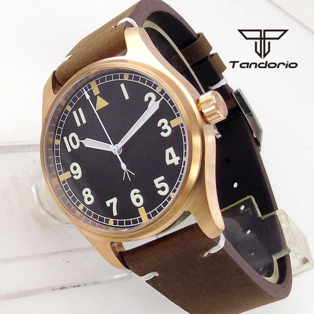 Tandorio CUSN8 Solid Bronze PT5000 NH35A 20ATM Automatic Diver Men's Watch Sapphire Glass Lume Dial Arabic Marks Leather Strap