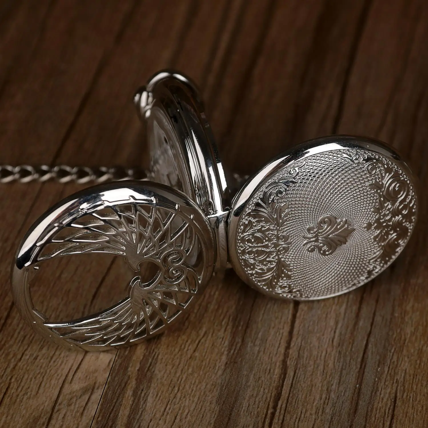 Silver Angel Wings Hollow Steampunk Mechanical Pocket Watch Vintage Gentleman Necklace Pendant Fashion Accessories Clock