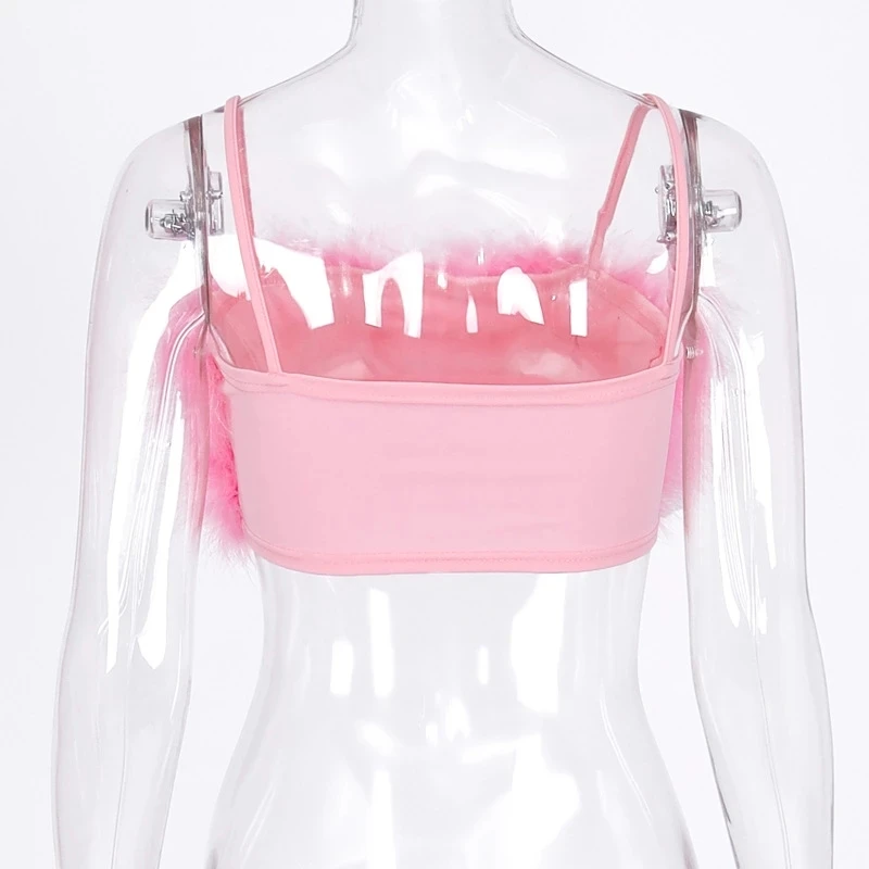 Fashion Sexy Spaghetti Straps Pink Feather Crop Top 2024 Women Camisole Sleeveless Tops Party Club Streetwear Camis