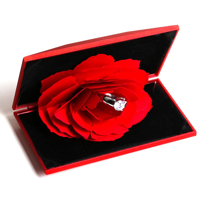 3D Fashion Elegant Rings Joyful Red Box Wedding Engagement Case Rose Flower Gift For Love Jewelry Display Storage Holder