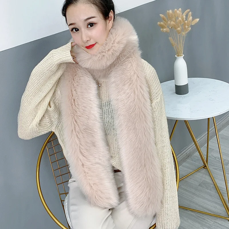 Faux Fur Scarf with Faux Leather Collar women Imitation Fur Fox Hair Shawl Women\'s Long Thicker Warm Winter Scarf