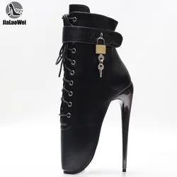 JIALUOWEI Neue 7Inch Stiletto High Heel Lock Wrap Strap Ankle Länge Fetisch Ballett Stiefel Auf Lager Versand Schnelle