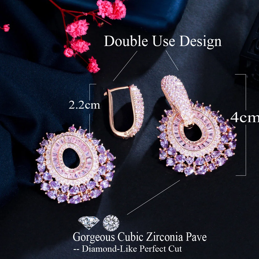 Pera Super Pink Purple CZ Stone 585 Gold Color Dangle Big Flower Circle Wedding Jewelry Engagement Party Earring for Brides E834