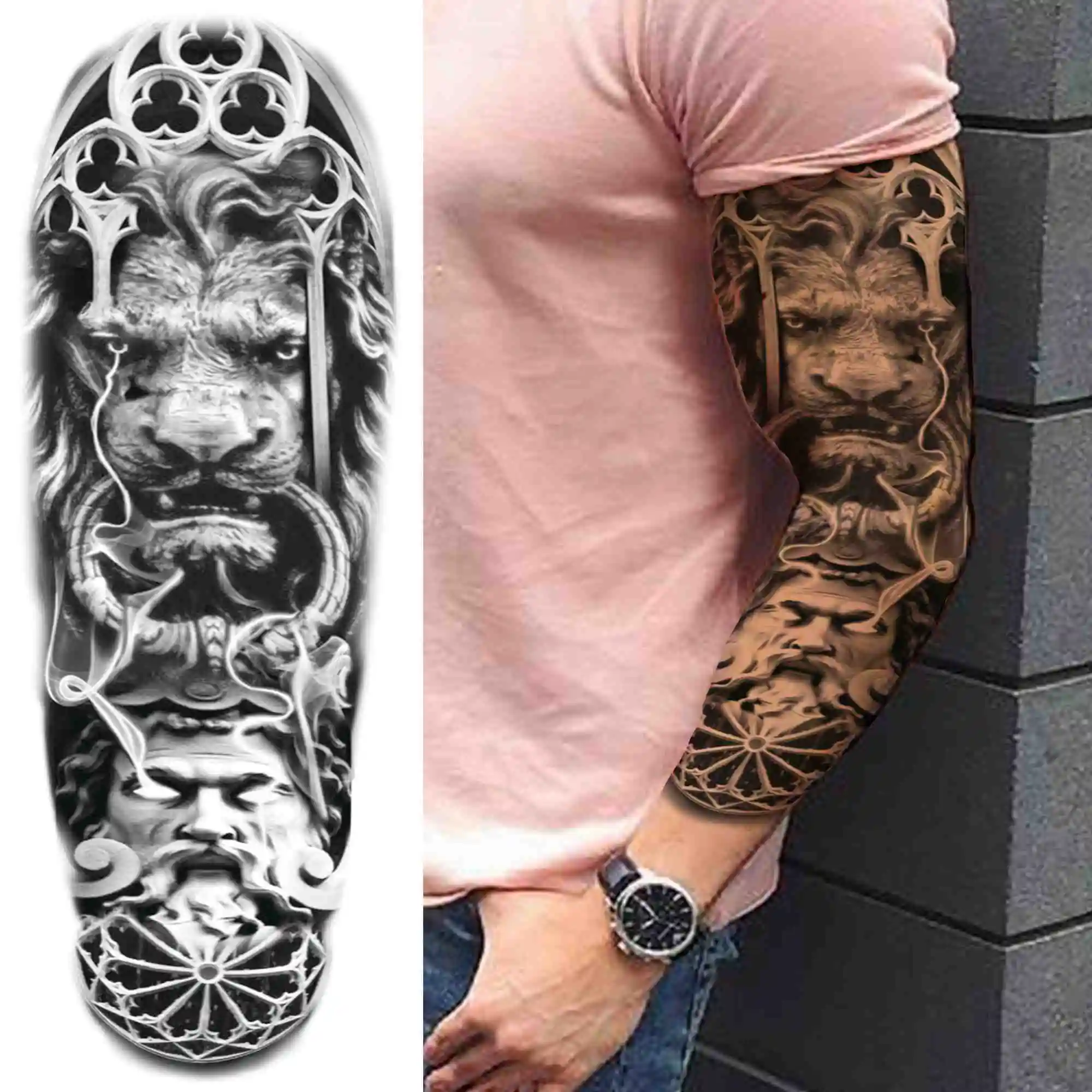 Lion King Temporary Tattoo Sleeve For Men Women Tribal Totem Tattoos Sticker Black Fake Flower Clock Bohemia Tatoos Paper