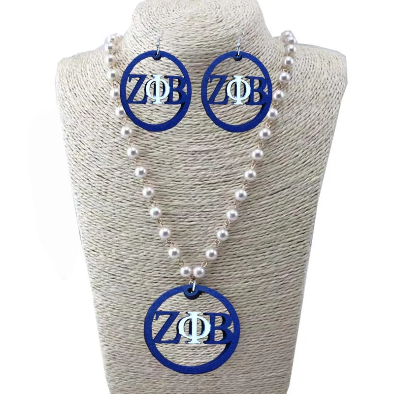 ZPB Zeta Phi Beta Natural Wooden pearl Pendent Necklace Jewelry set