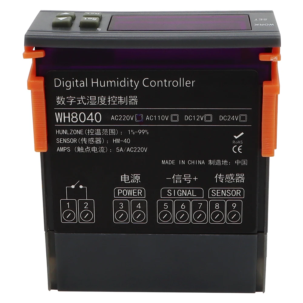 WH8040 Digital Humidity Controller Electronic Humidity Control Instrument Regulator Switch Sensor Hygrometer 1-99% 12V 24V 220V