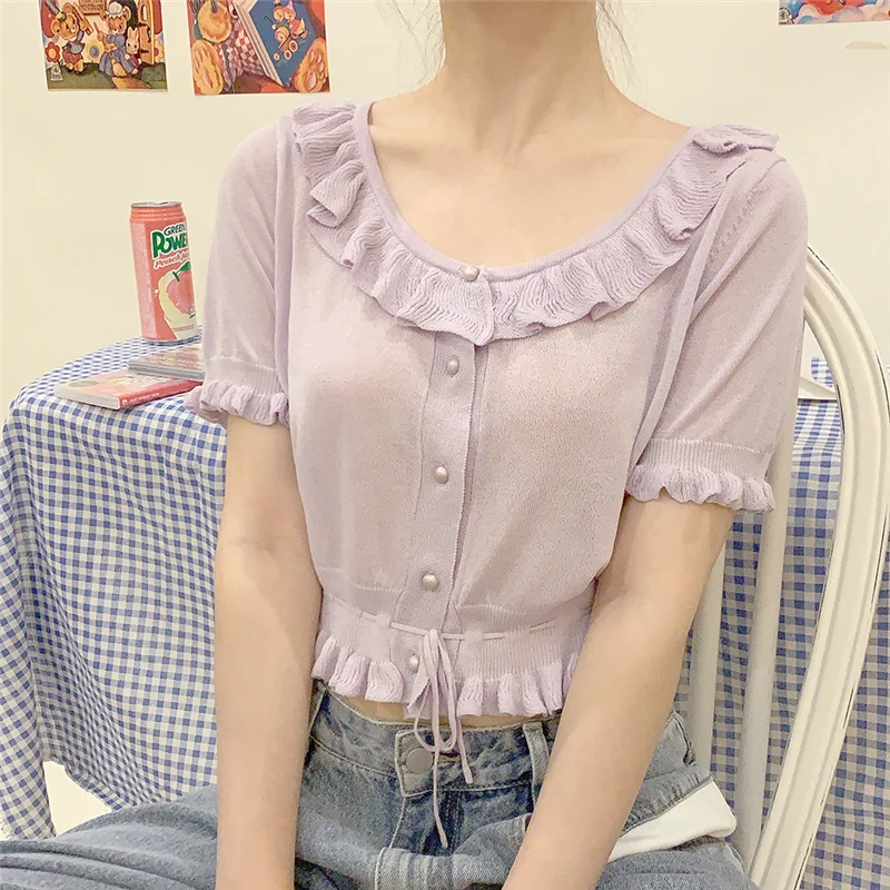 Blusas Vintage de manga corta con volantes para mujer, Tops cortos de punto con cordones coreanos, camisetas con botones para chica bonita de Lolita