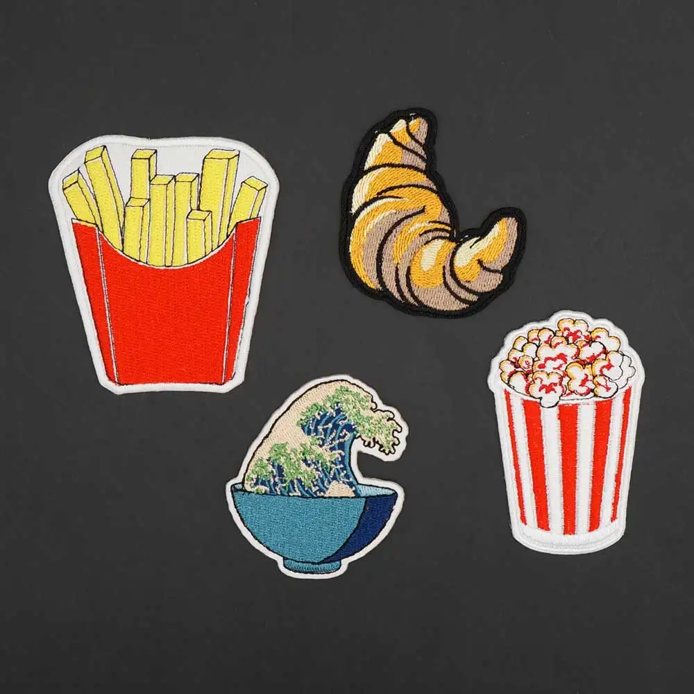 French Fries Popcorn Croissant Ice Cream Creative Embroidered Iron On Patches for Kids Clothes Badges Accessories Appliques