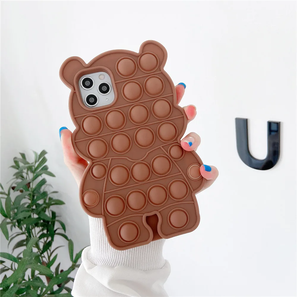 Reliver Stress Fidget Toy Push Bubble Case for iPhone 6 6s 7 8 Plus X XR XS 11 12 Pro Max SE Cartoon Bear Game Cover Kids