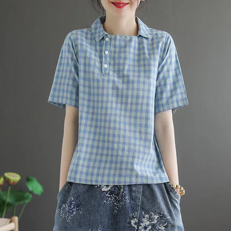 Blouses Shirts Women Summer Casual Plaid Tops New 2020 Korean Style Turn-down Collar Female Vintage Blouse High Quality P990