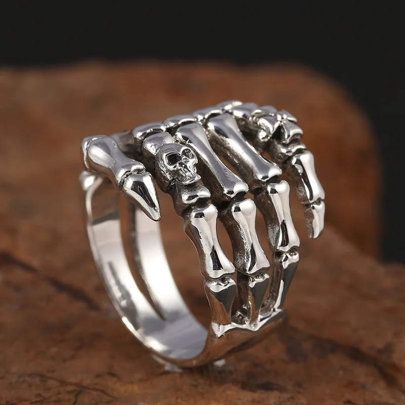 S925 Silver Skull Hand Bone Finger Ring Sterling Silver Fashion Jewelry Multiple Sizes Punk Style Skeleton Ring For Men Women