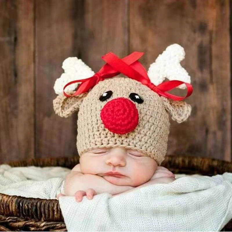 Gorro navideño para bebé, Adorable gorro de ganchillo a mano con Reno, gorros tejidos para recién nacido, niño y niña, accesorios para fotos, gorro