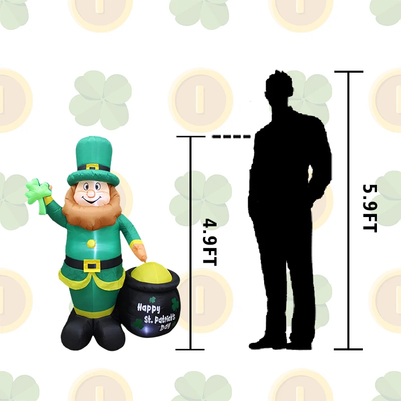 5 Ft Inflatable Decor St Patrick's Day Inflatable Leprechaun Holding Shamrock with Pot Gold LED Lights Lucky Indoor Outdoor Toys