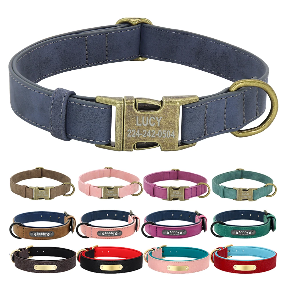 

Personalized Dog ID Collar Anti-lost Dogs Buckle Collars Soft Leather Padded Name Plate for Small Medium Large Dogs Pitbull Pug