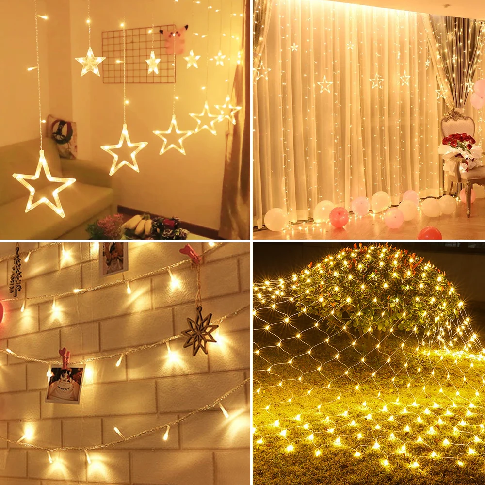 AC 220V LED Holiday Christmas Decorative Light LED Curtain Fairy String Light Fairy Garland for Wedding Outdoor Window Party