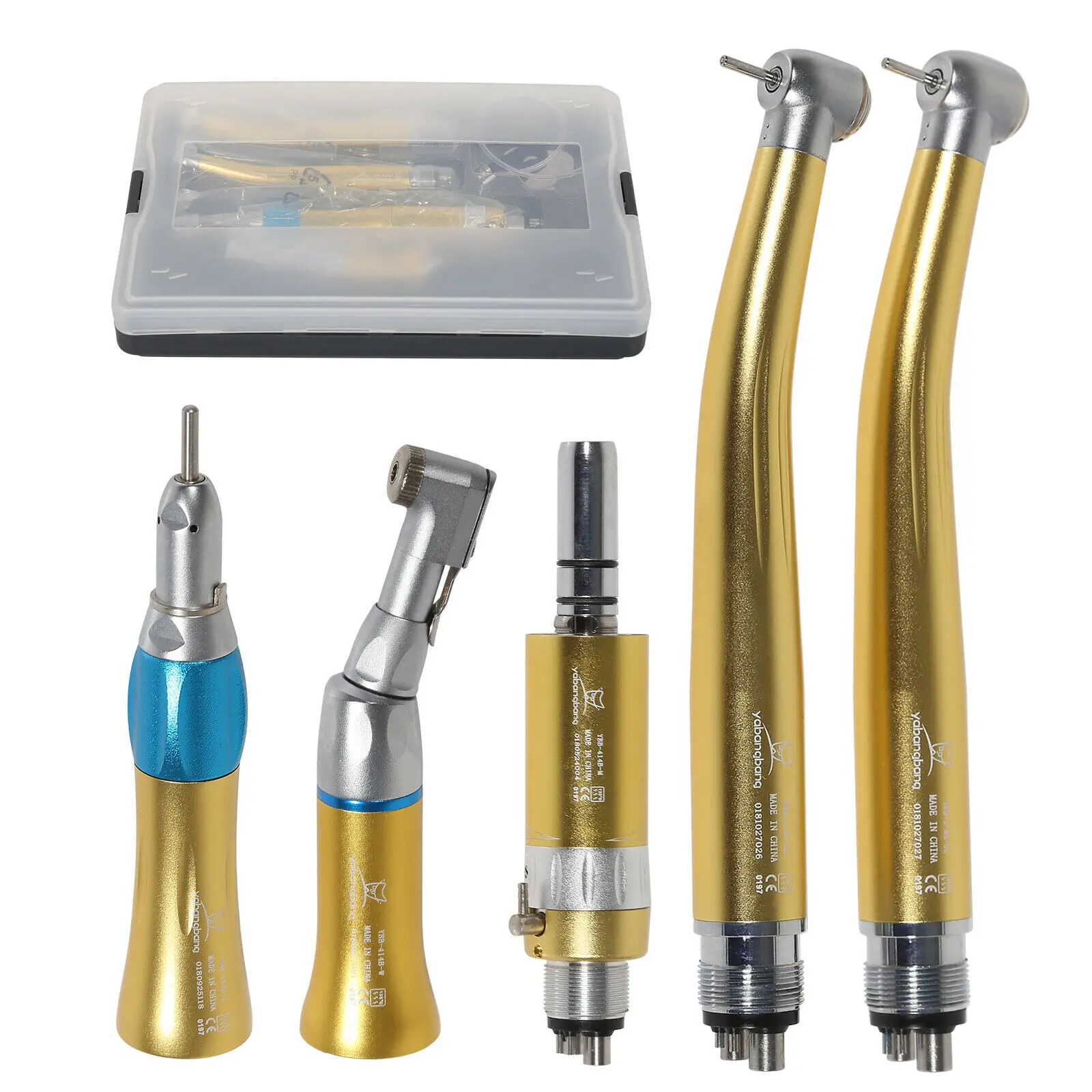 

NSK Pana Max Style Dental Fast high + Slow low Speed Straight Contra Angle Handpiece Turbine Kit Air Motor 4 Holes Gold Color