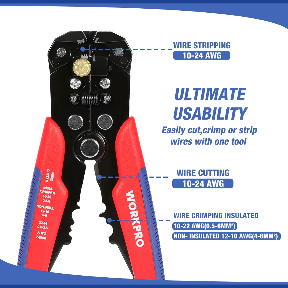 Imagem -02 - Workpro Crimper Cabo Cortador de Fio Automático Descascador Multifuncional Descascamento Ferramentas Friso Alicate Terminal