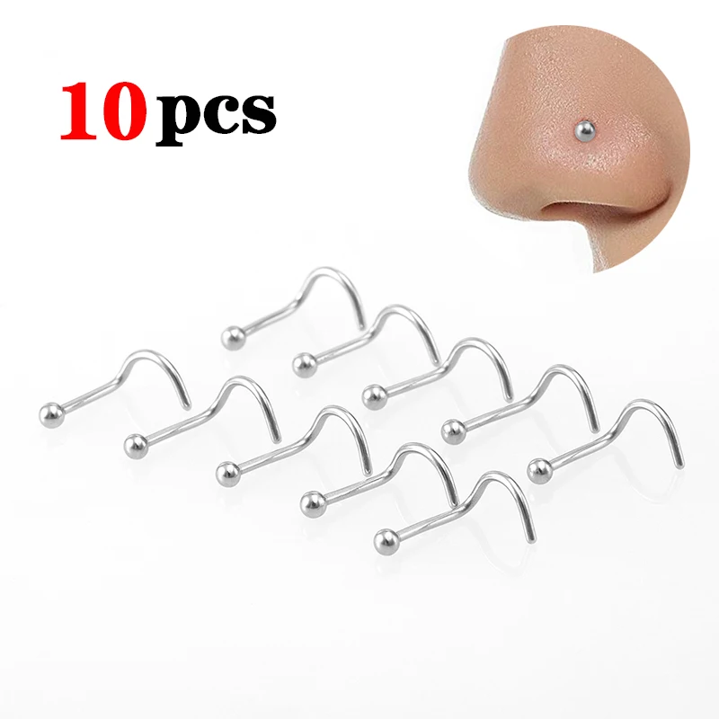 10pcs Stainless Steel Nose Stud Set Nose Piercing Set Nose Ring Nariz Bone Studs Screws for Man Women Nostril Body Jewelry 20G