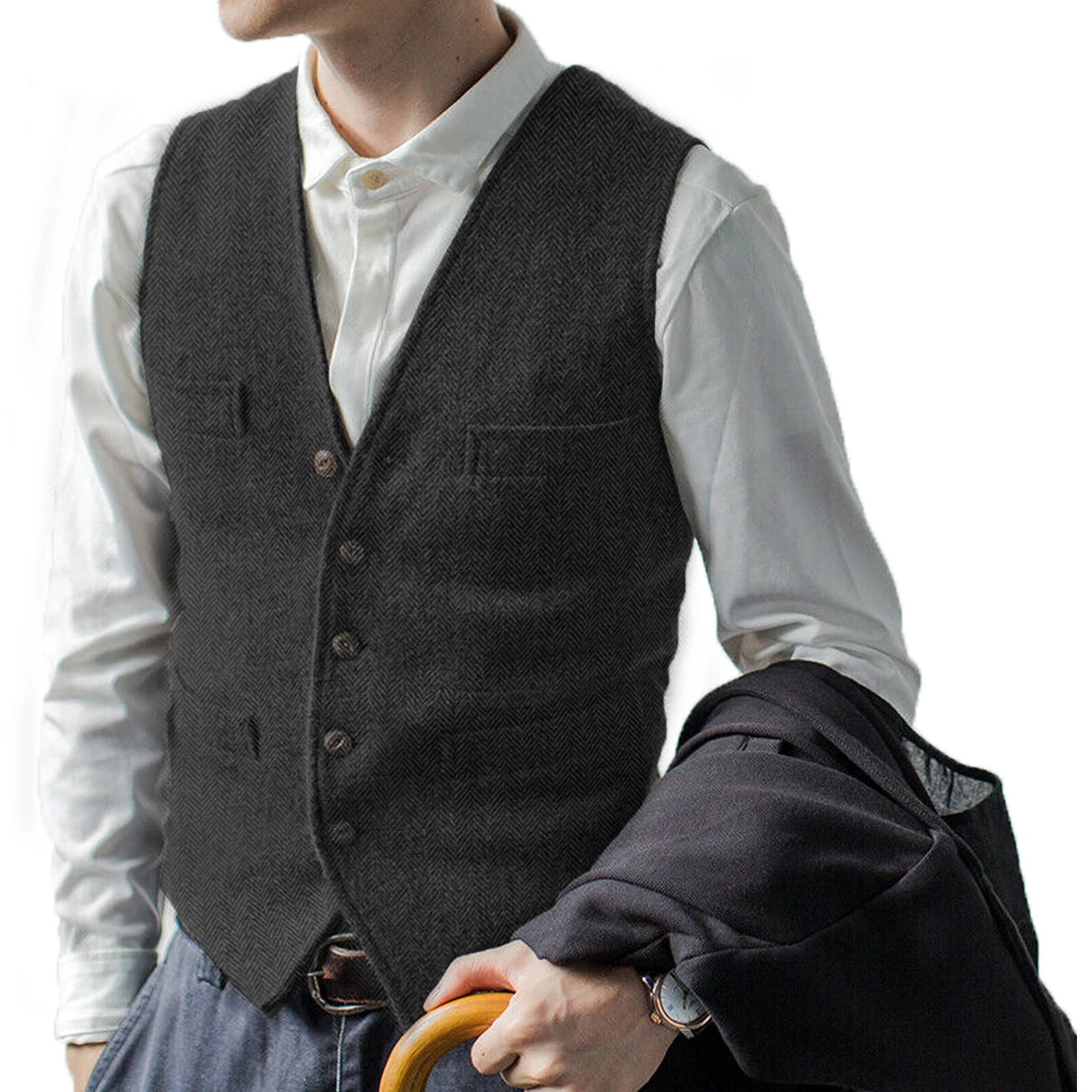 Men's Suit Vest Wool Blend Elegant Sleeveless V-neck Button Slim Fit Herringbone Waistcoat For Wedding