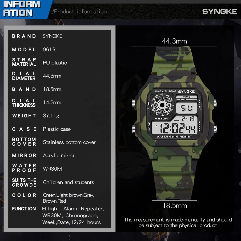 SYNOKE-relojes digitales deportivos para niños, pulsera de camuflaje militar, multifunción, 7 colores, luminosos, resistentes al agua