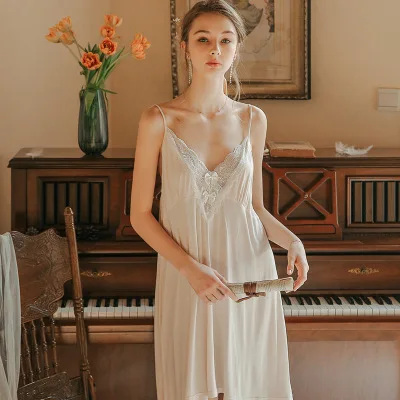 

Vintage Nightgown Summer Night Dress Women Sleeveless Nightgown Viscose Lace