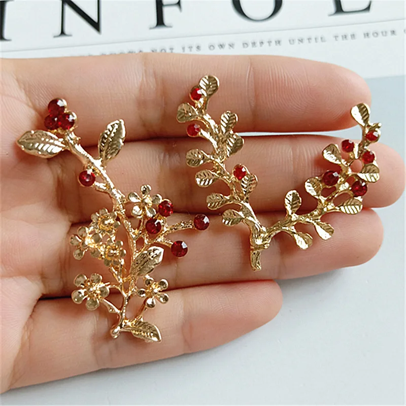 10 Pcs/lot Alloy Branch Gold Red Rhinestone Buttons Pendants Decorative Jewelry Earrings Choker Hair DIY Jewelry Accessories