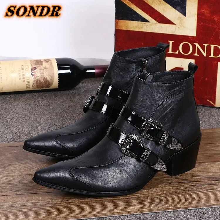 

Men Leather Martin Boots Spring Retro Style Genuine Leather Black Simple Fashion Double Buckle Strap Ankle Boots Sepatu Pria