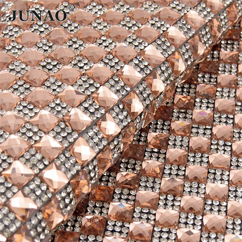 JUNAO 24*40 cm Quadrato di Vetro Strass Maglia Trim Hotfix Vetro Diamante Tessuto Applicazione di Cristallo per Scarpe Da Vestito Decorazione