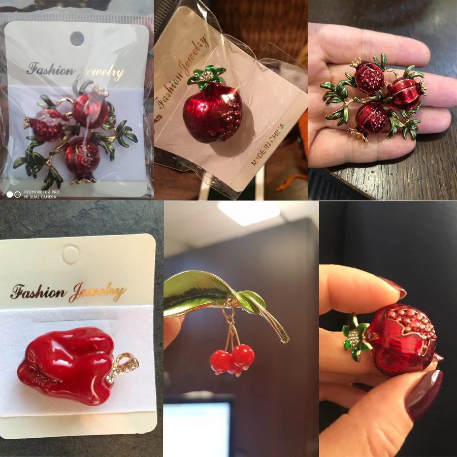 Trendy Enamel Fruit Shape Red Pomegranate Brooch for Women Green Leaf Cherry Brooches Suit Lapel Pin Clothing Scarf Badges