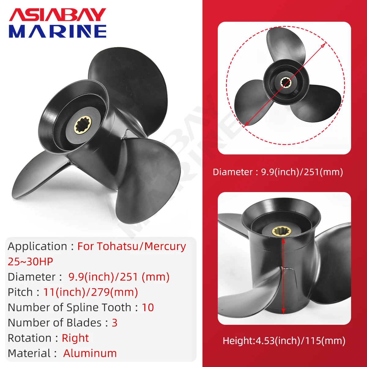 Premium Aluminum Alloy Propeller for Tohatsu Mercury Nissan Outboard - 9.9 x 11 , 3 Blade, 10 Spline for  25-30 HP Boat Motors.