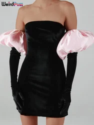 Weird Puss Women Velvet Dress Strapless Elastic Bodycon With Clouds Gloves Birthday Vacation Party French Romantics Streetwear