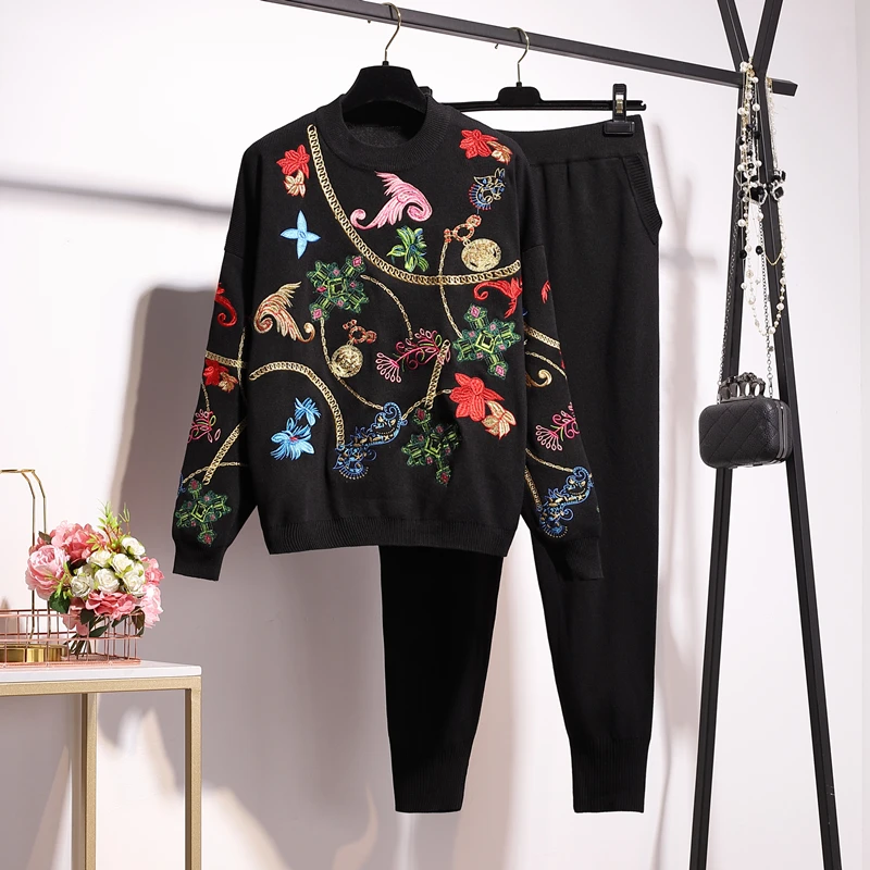 Autumn Fashion Tracksuit Knit Outfits Women Handwork Embroidery Flowers Sweater Pencil Pants Set Loose Black Knitted Suit Female