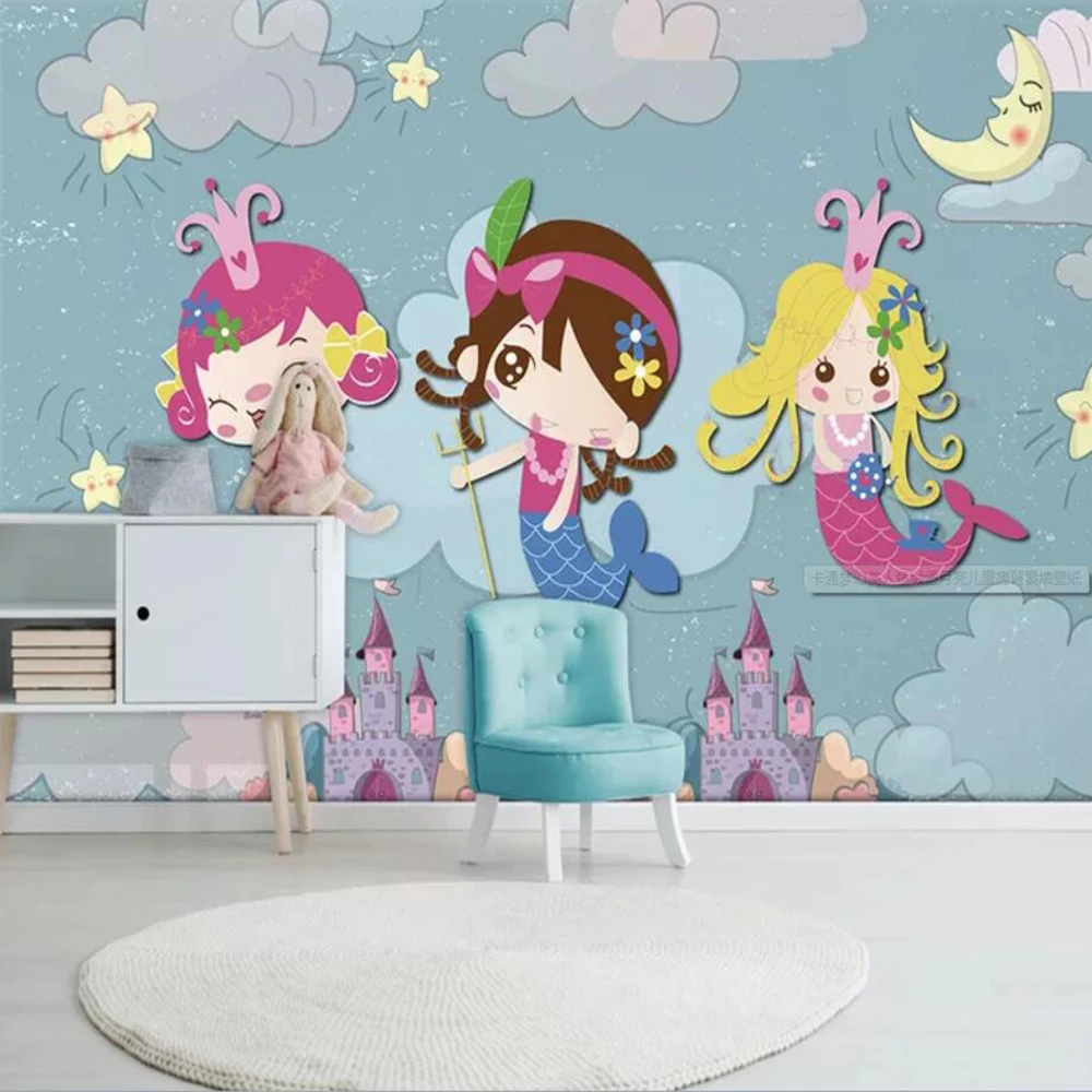 Milofi Custom 3D Wallpaper Mural Cartoon Fantasy Mermaid Castle Moon Children Room Background Wall Paper Decoration Wallpaper