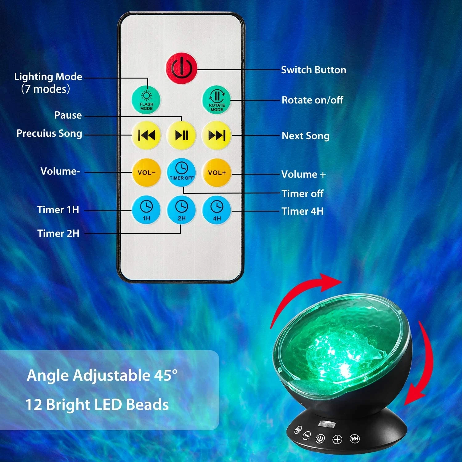 Decorative Night Light Kids LED Projection Night Light Remote Control Ocean Wave Projector With Music Player For Gifts Idea