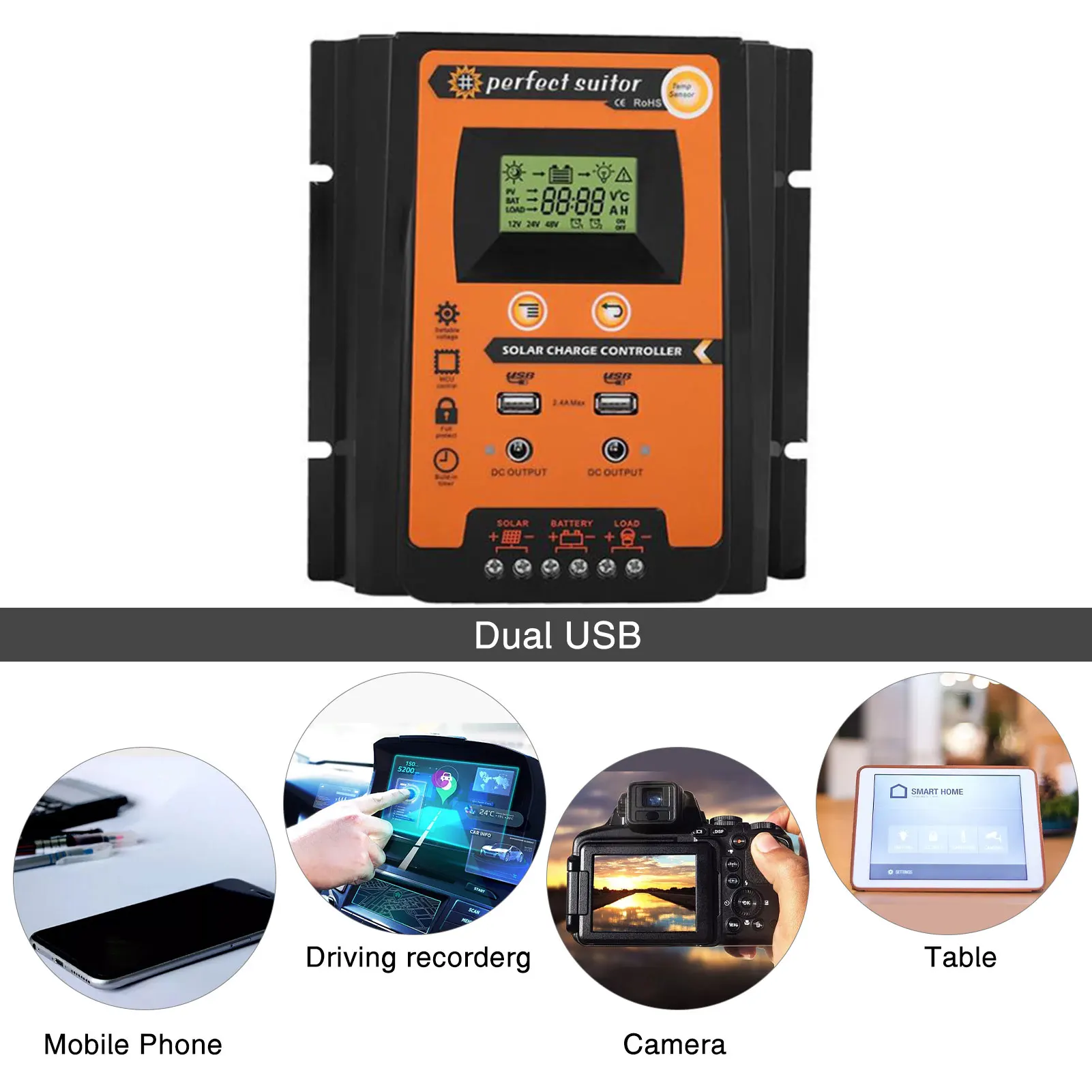 Imagem -02 - Controlador de Carga Solar Mppt 12v 24v Regulador Solar Usb Duplo com Grande Lcd Ip32 Controlador de Bateria Temporizador de Carga Transporte da Gota