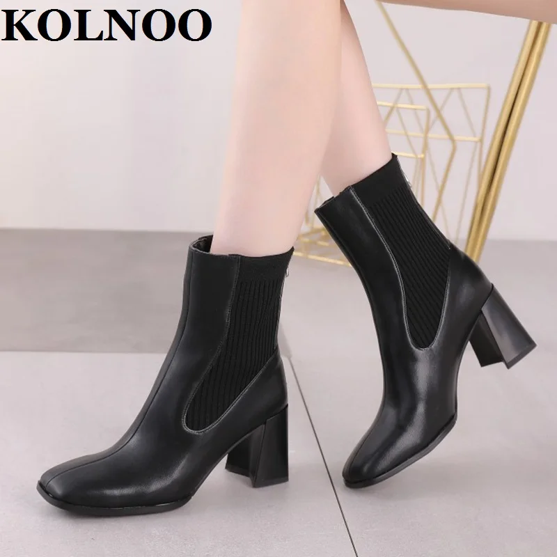 

Kolnoo Handmade New Real Photos Womens Chunky Heel Boots Patchwork Leather Black Motorcycle Boots Sexy Prom Fashion Winter Shoes