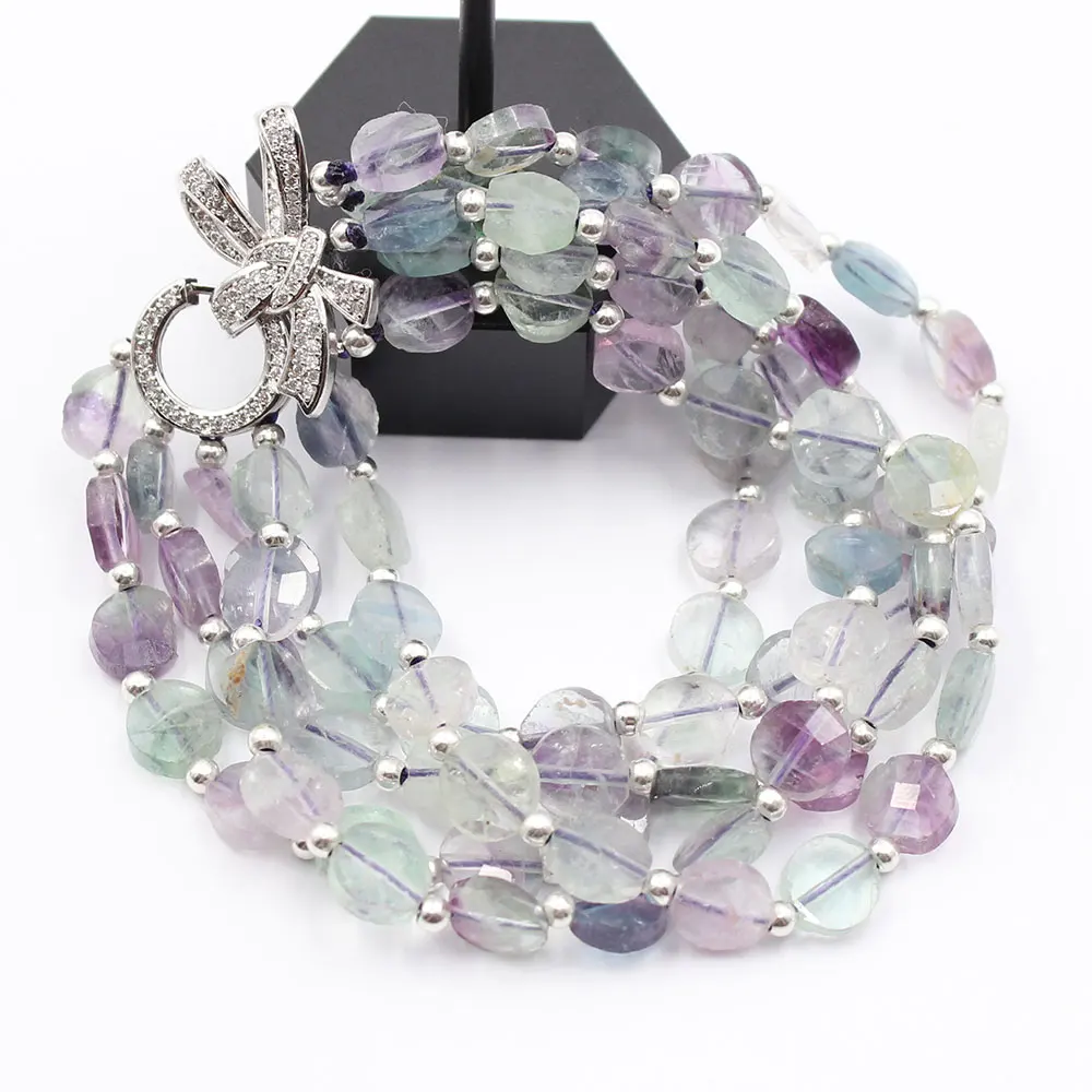 GuaiGuai Jewelry 5 Rows Natural Mix Color Fluorites Faceted Coin Beads Bracelet CZ Flower Clasp Handmade For Women