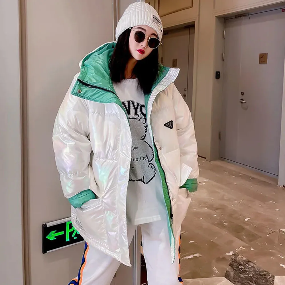 2021 Autumn Winter Women New White Hit Color Glossy Parka Coat New Korean Loose Letters Printe Jacket Trend Hooded Bread Service