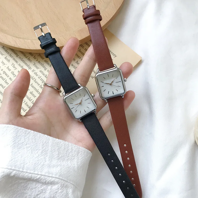 

Simple Square Women Watches Ulzzang Fashion Brand Qualities Ladies Leather Wristwatches Black Brown Quartz Clock Drop Shipping