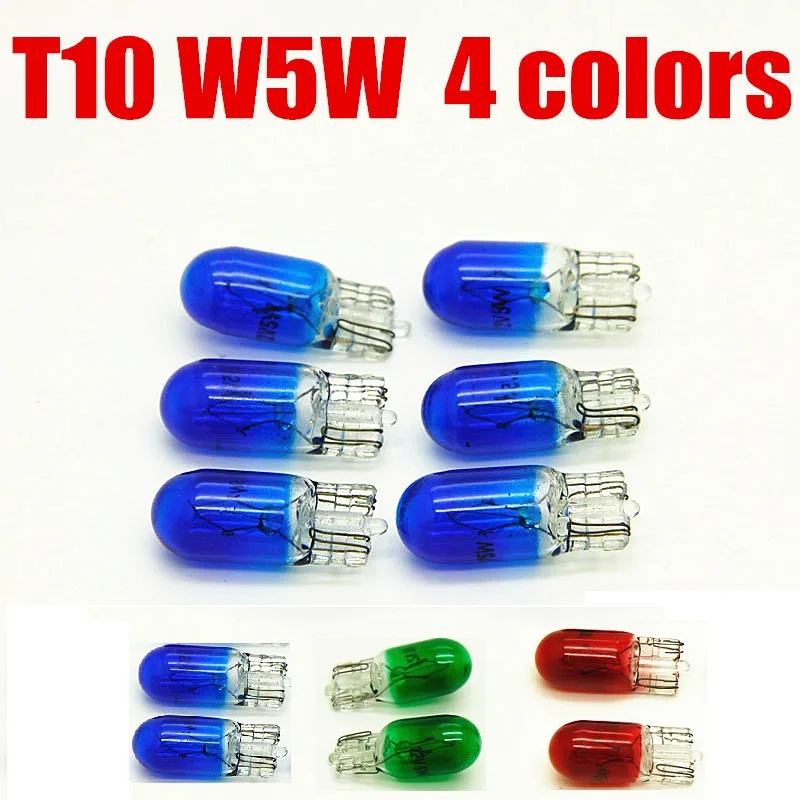 100PCS T10 Halogen bulb W5W White,Blue RED Green color 12V 5W 194 501 Side wedges car light source instrument lamp