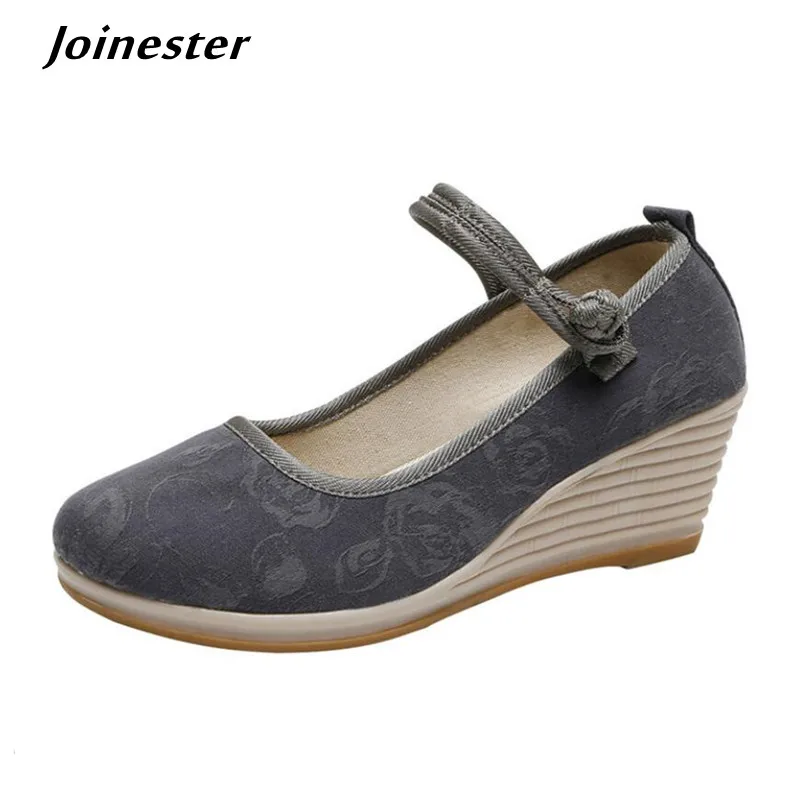 Chinese Style Button Strap Wedge Pumps for Women Retro Cotton Summer Shoes Ladies Dress Espadrilles Vintage Female Sandals