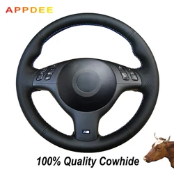 APPDEE Black Genuine Leather Hand-stitched Steering Wheel Cover for BMW E46 E39 330i 540i 525i 530i 330Ci M3 2001-2003