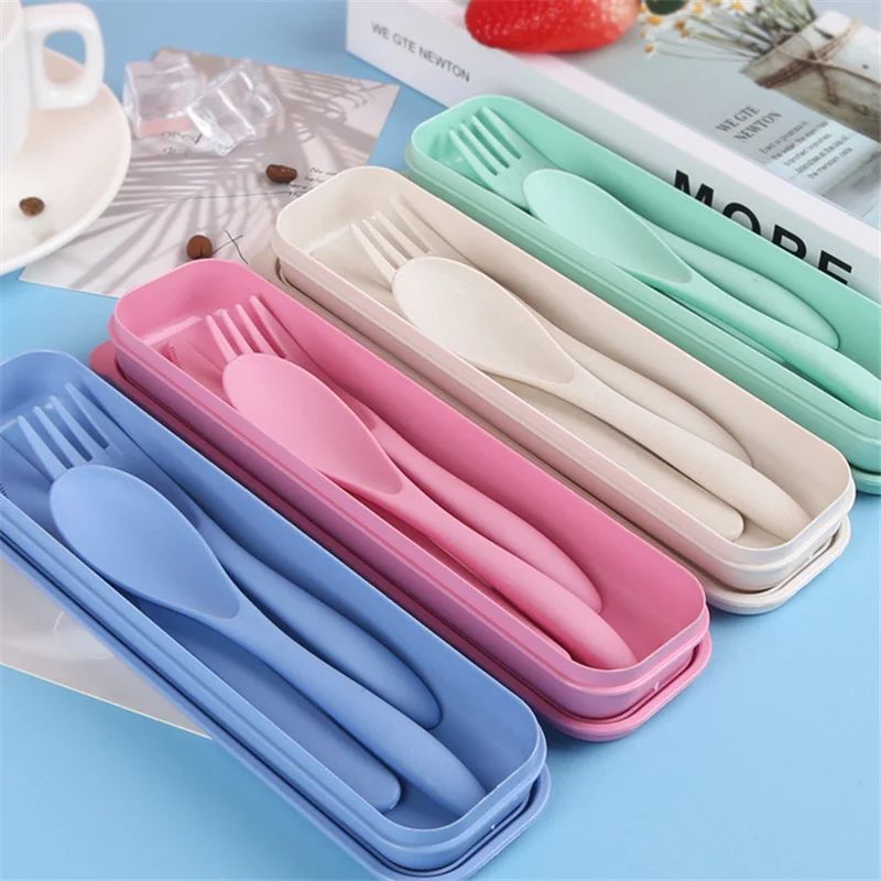 3 Pcs/Set Travel Picnic Dinnerware Portable Boxed Tableware Set Eco Friendly Knife Fork Spoon Wheat Straw Student Cutlery Set
