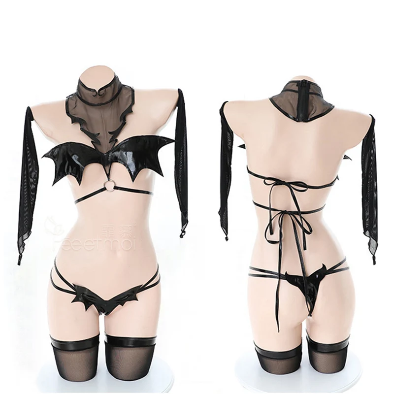 สาวLolita Anime Devilคอสเพลย์เครื่องแต่งกายผู้หญิงสีดําสิทธิบัตรหนังชุดชั้นในชุดเร้าอารมณ์แม่บ้านNightclubเซ็กซี่ปีศาจชุด