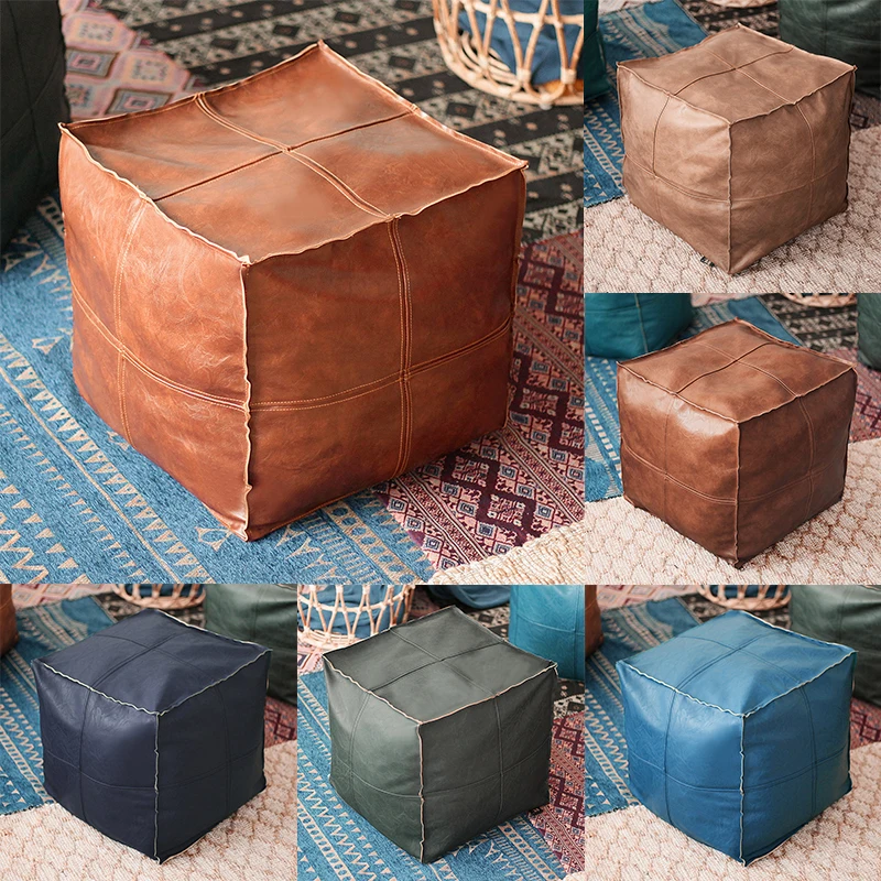 45cm Moroccan Artificial PU Leather Pouf Cover Craft Simple Sofa Ottoman Footstool Unstuffed Living Room Bedroom Cushion Covers