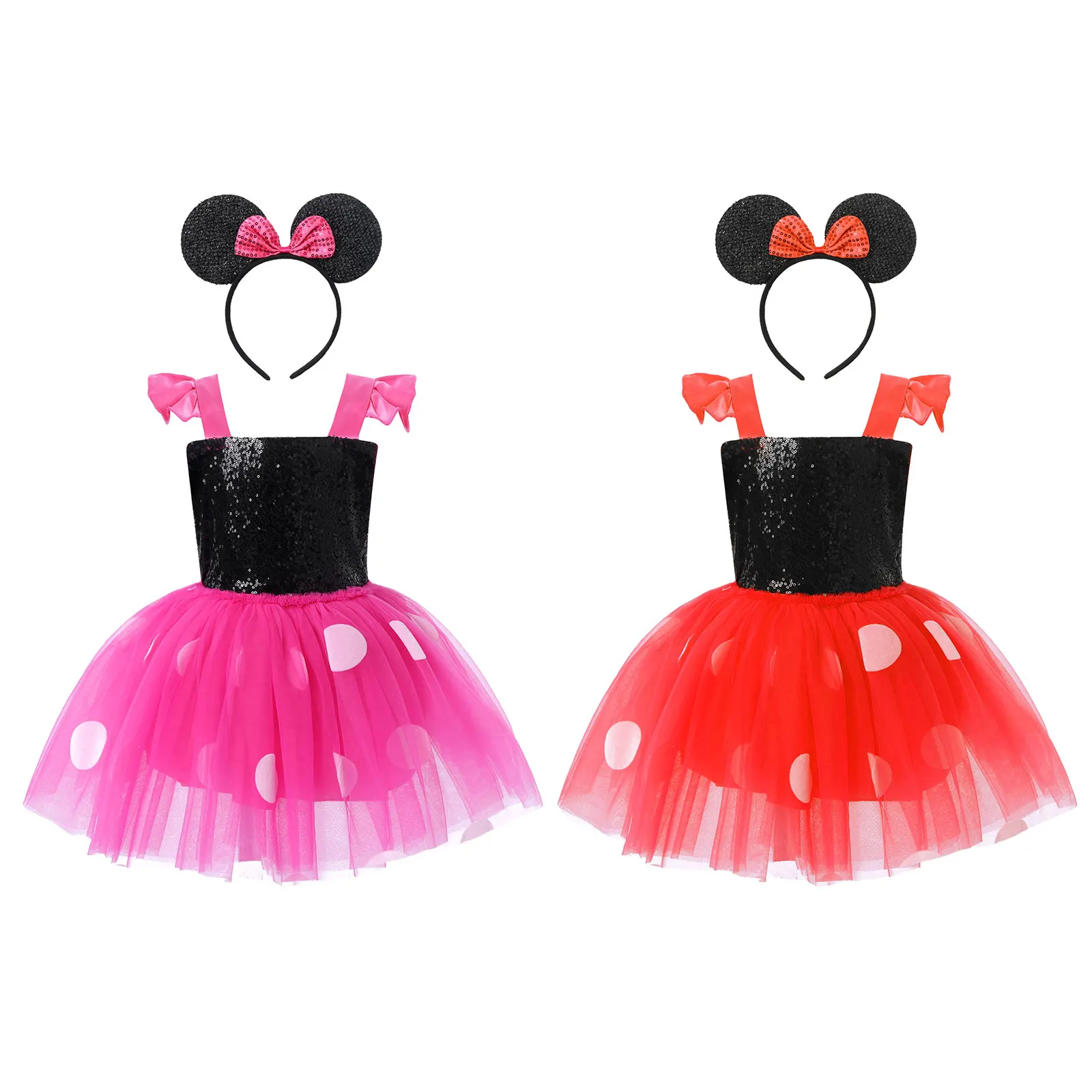 Infant Baby Girls Sequined Costume Dress Sleeveless Open Back Straps Tie Back Polka Dots Printed Tutu Mesh Skirt Outfit 2-8y