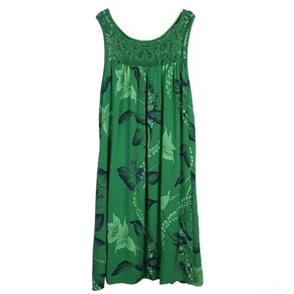 Elegant  Floral Printed Lace Stitching O-Neck Sleeveless Women Summer Loose Tank Dress