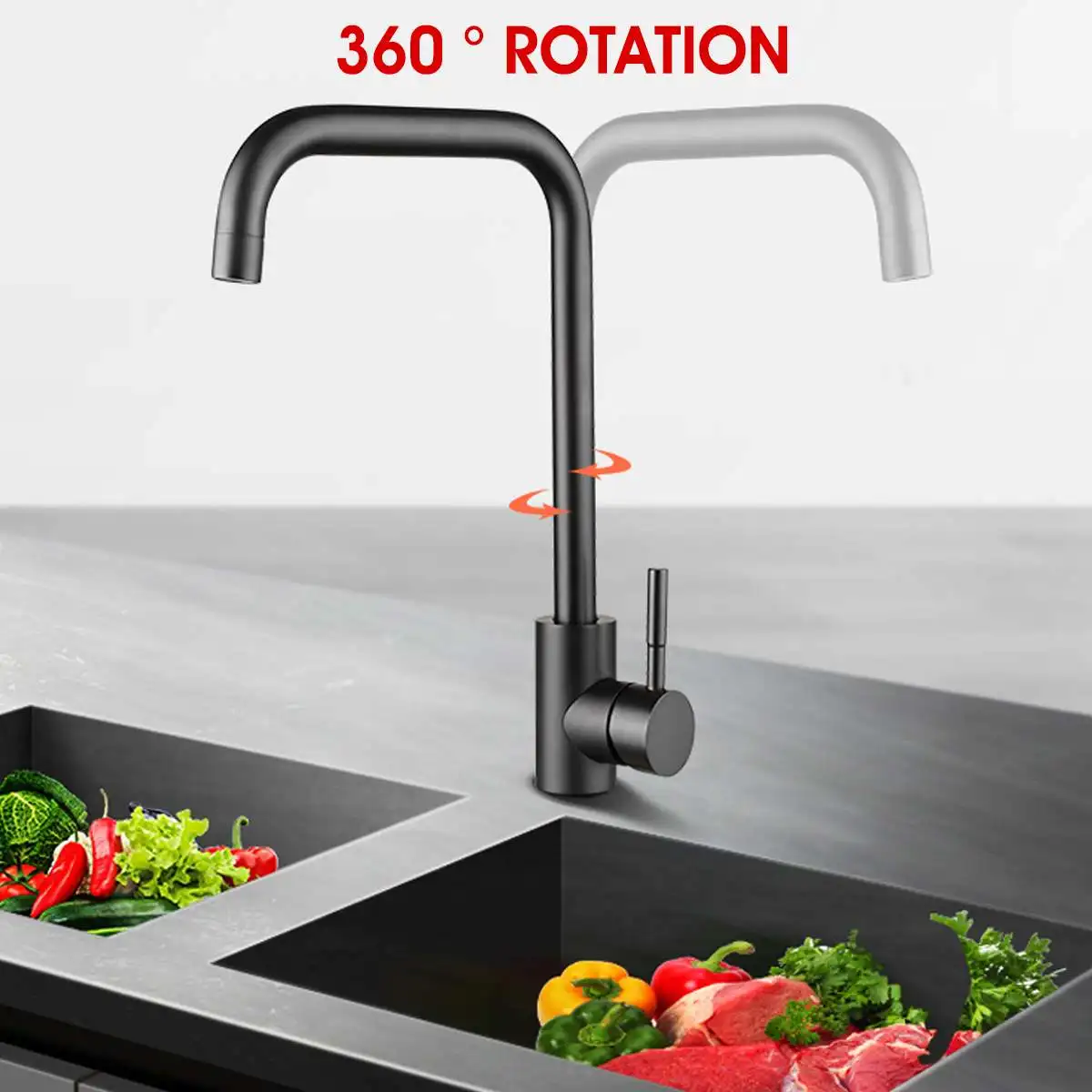 Grifo de cocina de acero inoxidable, rociador de agua fría y caliente para fregadero de cocina, con una sola manija y rotación de 360 grados, color negro