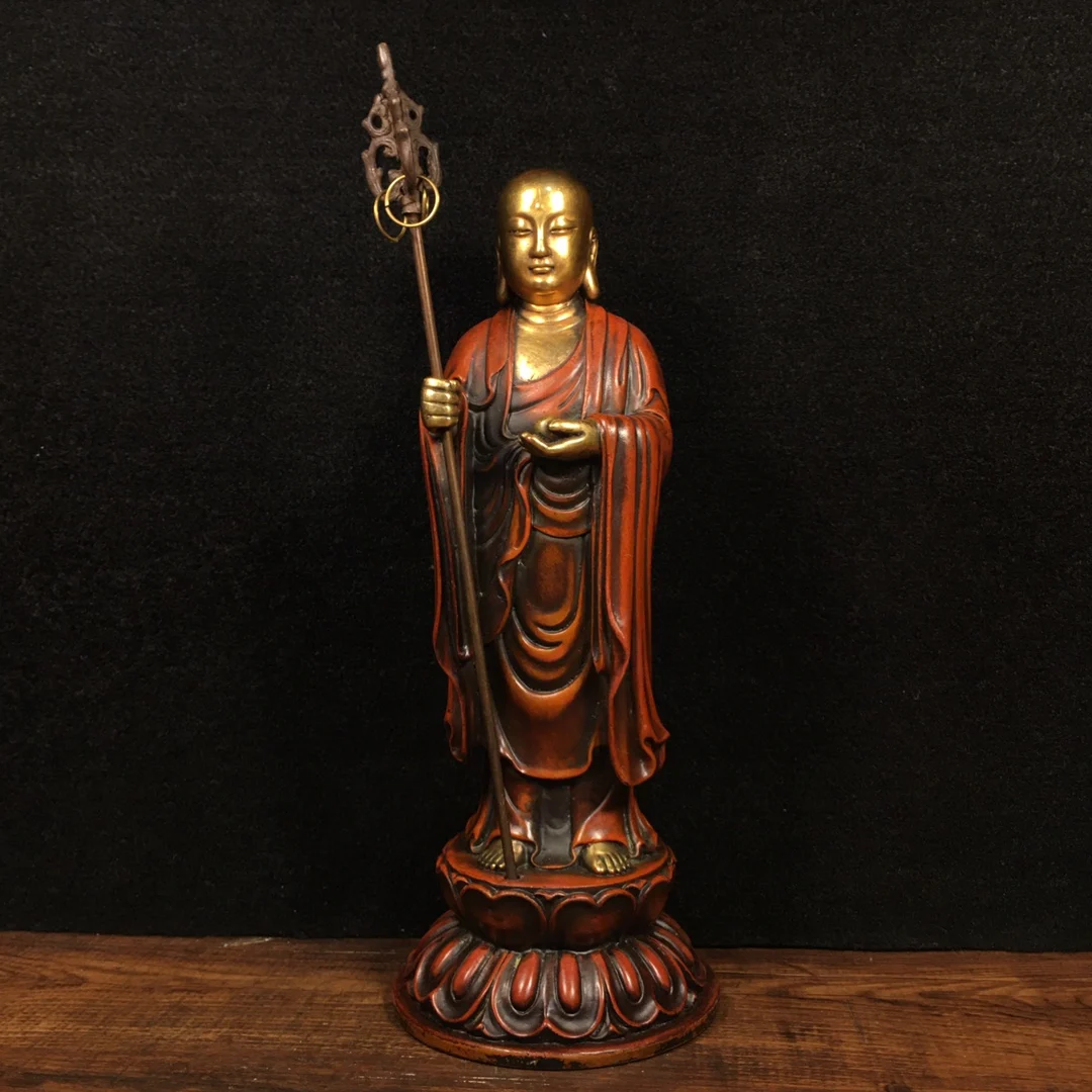 

10"Tibetan Temple Collection Old Bronze Gilded True Gold Silver Ksitigarbha Jizo Standing Buddha Worship Hall Town House